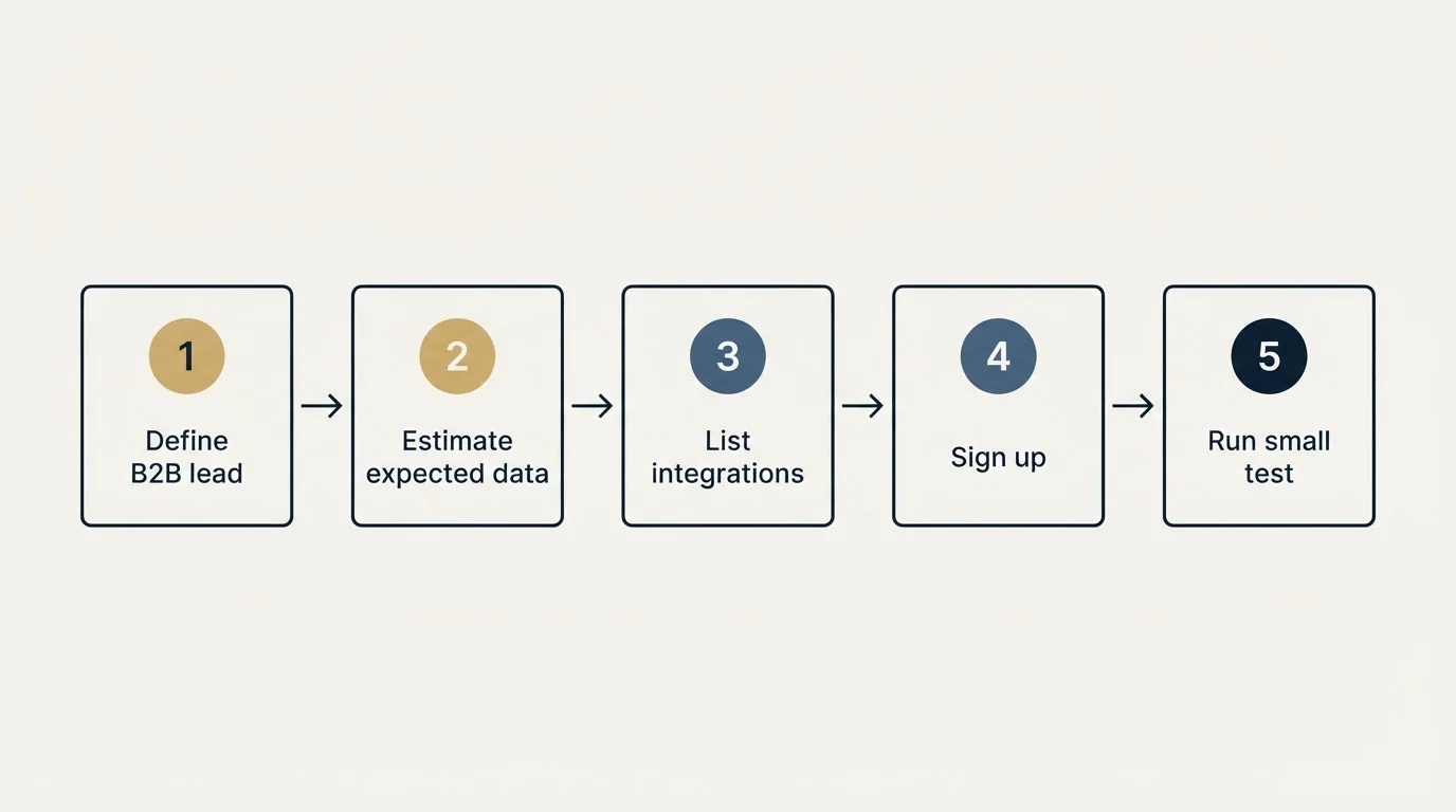 Step sequence: Getting Started Checklist (Define B2B lead, Estimate expected data, List integrations, Sign up)