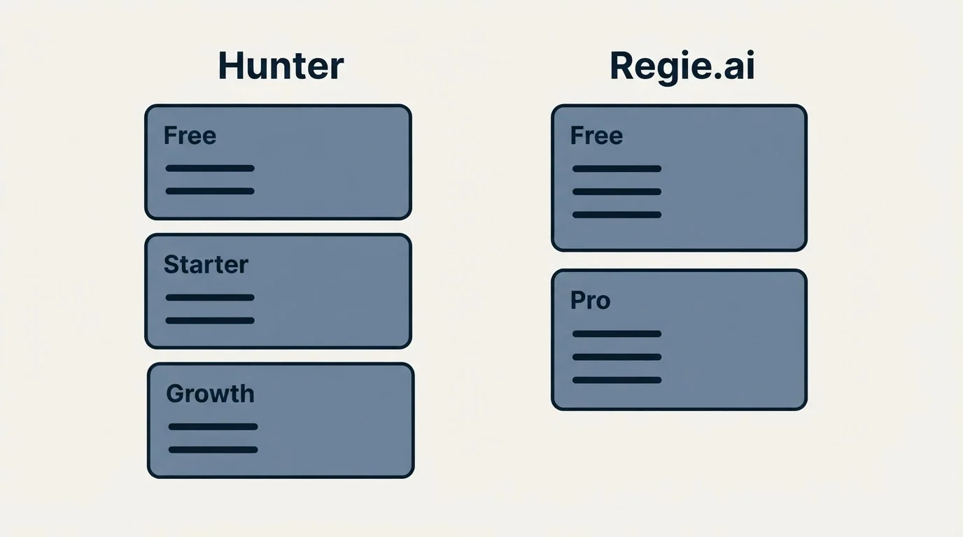 Pricing panels: Pricing Comparison (Hunter, Regie.ai, Free, Starter)