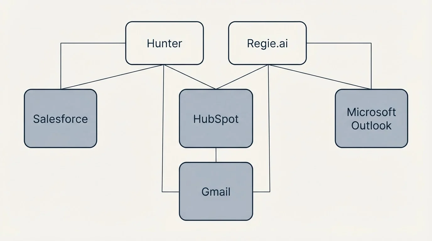 Integration grid: Integration Ecosystem (Hunter, Regie.ai, HubSpot, Gmail)