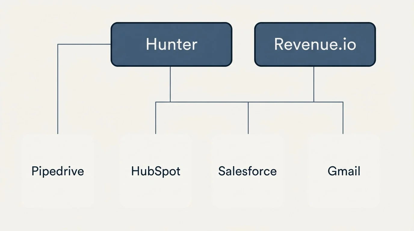 Integration grid: Integration Ecosystem (Hunter, Revenue.io, HubSpot, Salesforce)