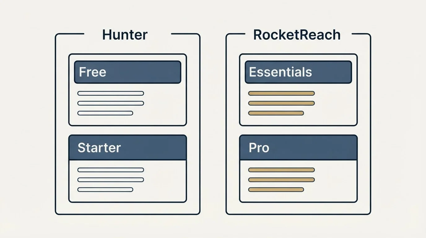 Pricing panels: Pricing Comparison (Hunter, RocketReach, Free, Essentials)