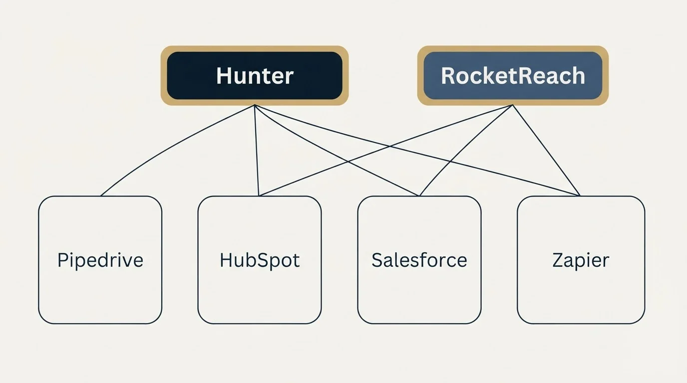 Integration grid: Integration Ecosystem (Hunter, RocketReach, HubSpot, Salesforce)
