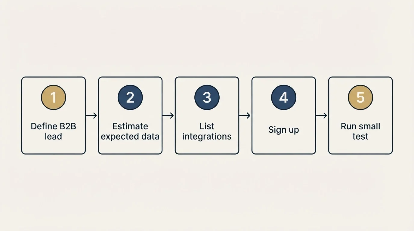 Step sequence: Getting Started Checklist (Define B2B lead, Estimate expected data, List integrations, Sign up)