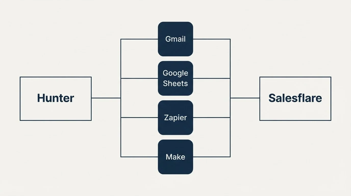 Integration flow: Integration Ecosystem (Hunter, Salesflare, Gmail, Google Sheets)