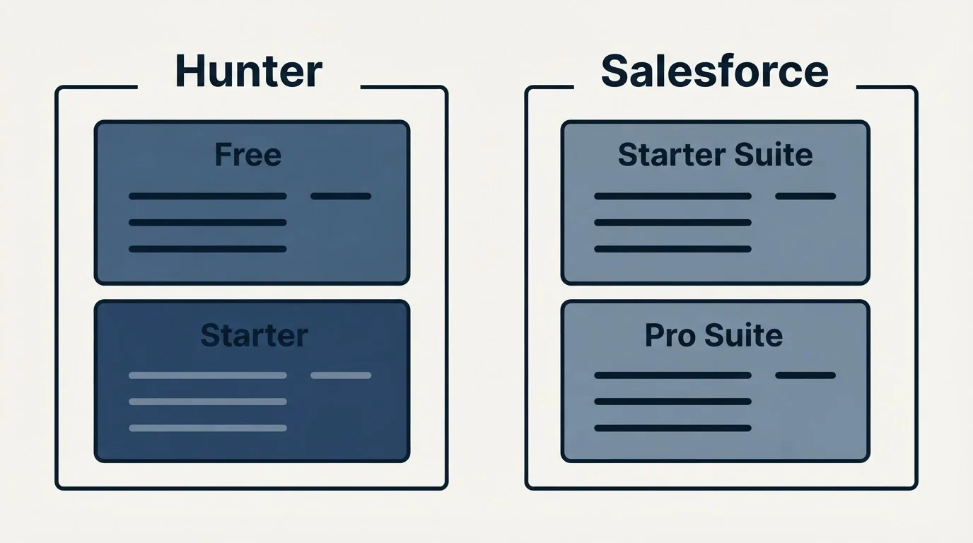 Pricing panels: Pricing Comparison (Hunter, Salesforce, Free, Starter Suite)