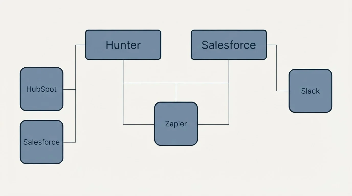 Integration grid: Integration Ecosystem (Hunter, Salesforce, Zapier, HubSpot)