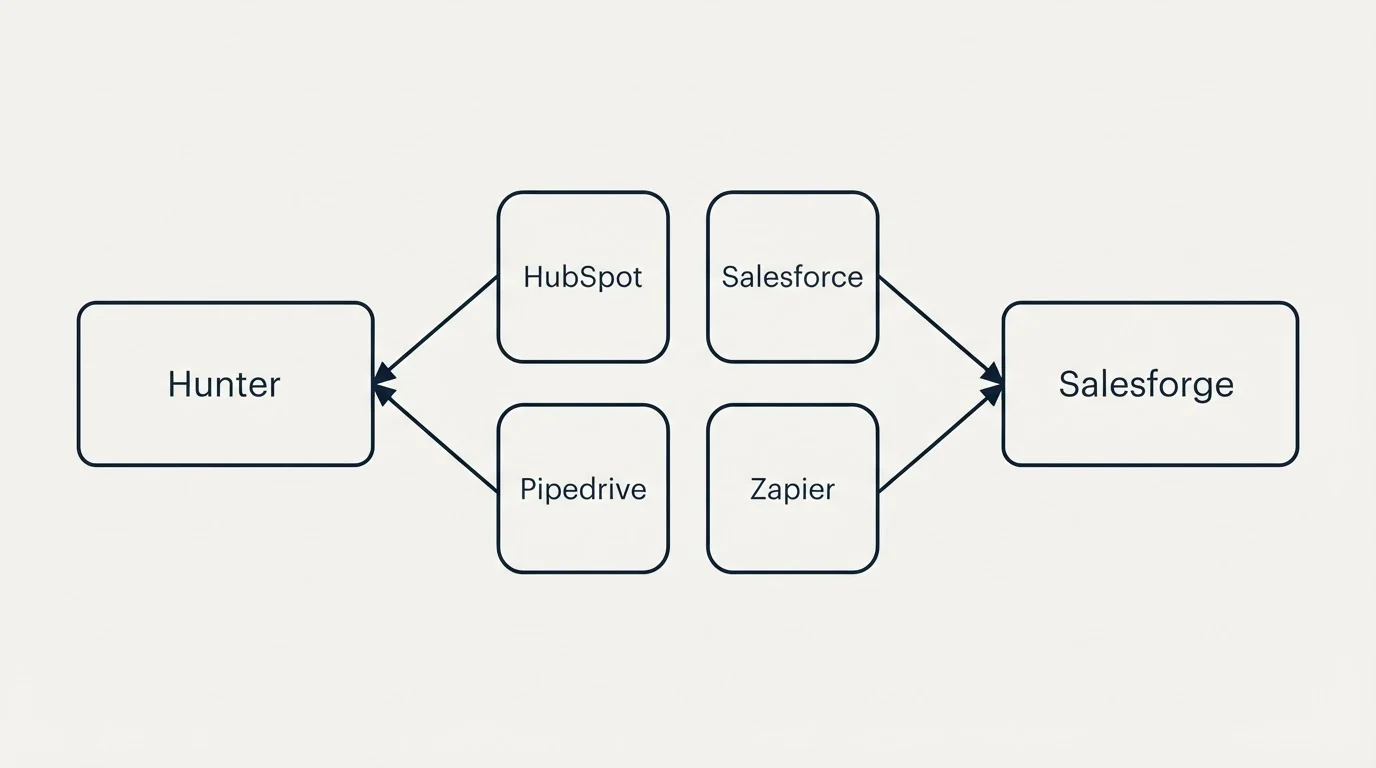 Integration schematic: Integration Ecosystem (Hunter, Salesforge, HubSpot, Salesforce)
