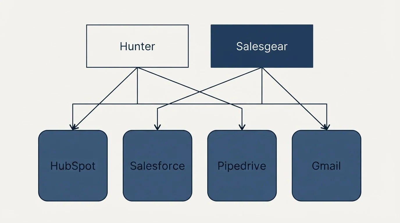 Integration grid: Integration Ecosystem (Hunter, Salesgear, HubSpot, Salesforce)