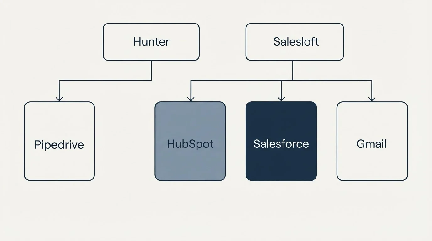 Integration grid: Integration Ecosystem (Hunter, Salesloft, HubSpot, Salesforce)