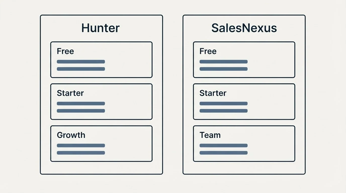 Pricing panels: Pricing Comparison (Hunter, SalesNexus, Free, Starter)