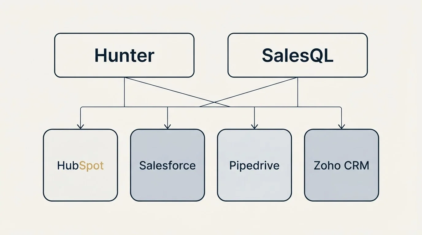 Integration grid: Integration Ecosystem (Hunter, SalesQL, HubSpot, Salesforce)