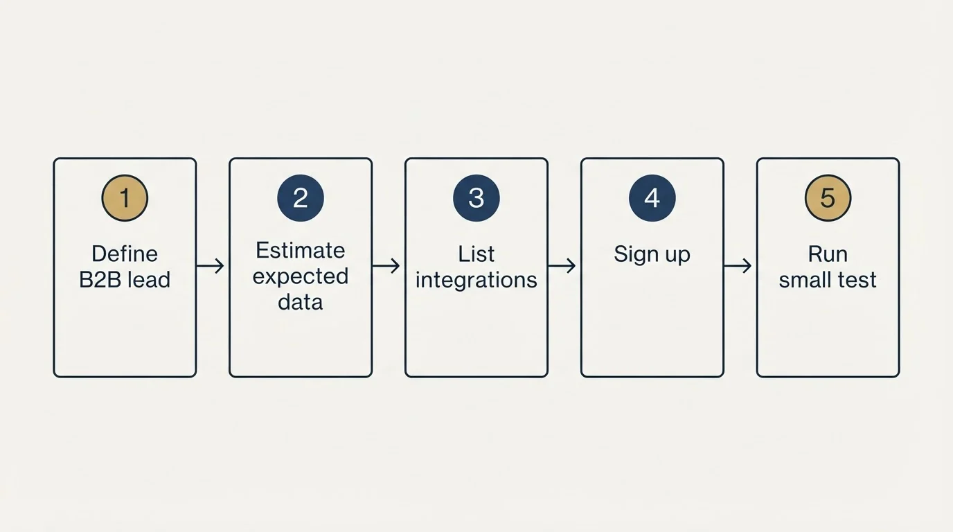 Step sequence: Getting Started Checklist (Define B2B lead, Estimate expected data, List integrations, Sign up)
