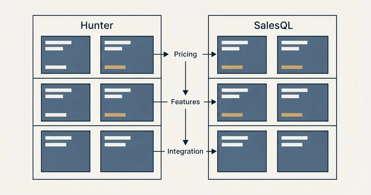 Comparison panel: Hunter vs SalesQL (Pricing, Features, Integration)
