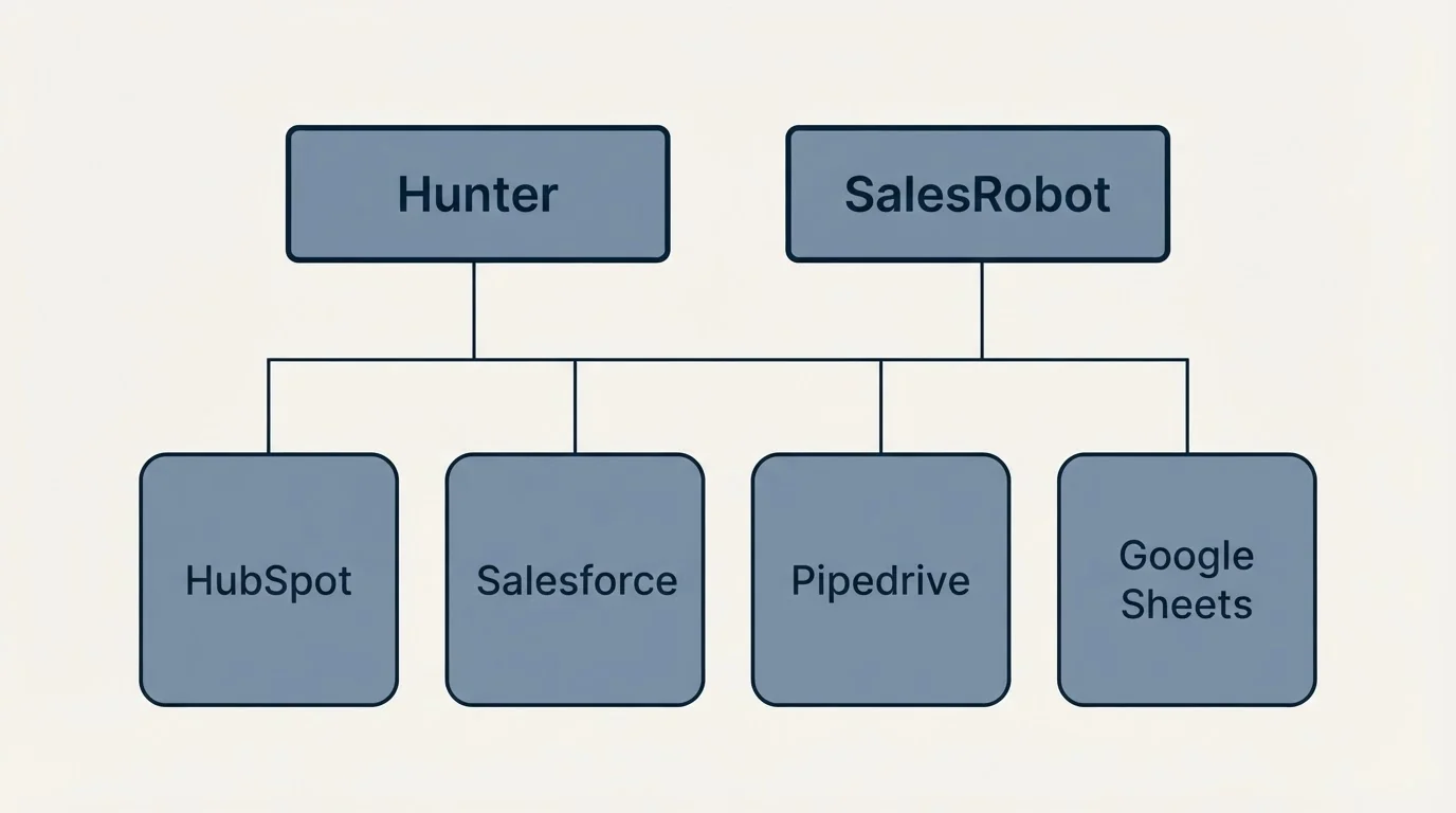 Integration grid: Integration Ecosystem (Hunter, SalesRobot, HubSpot, Salesforce)