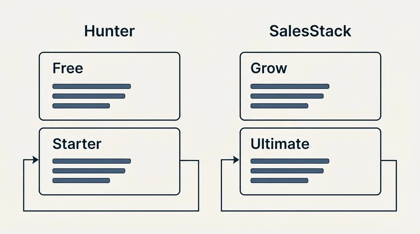 Pricing panels: Pricing Comparison (Hunter, SalesStack, Free, Grow)