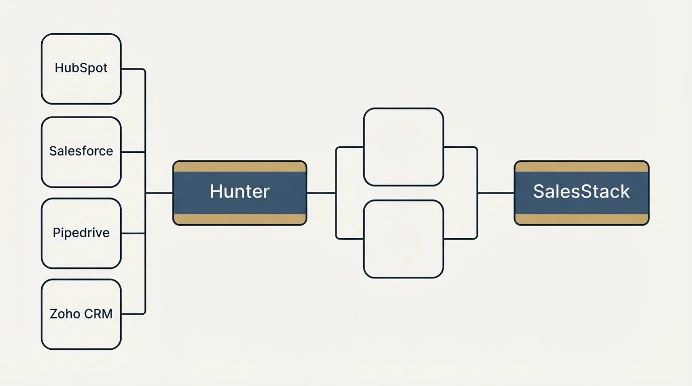 Integration schematic: Integration Ecosystem (Hunter, SalesStack, HubSpot, Salesforce)
