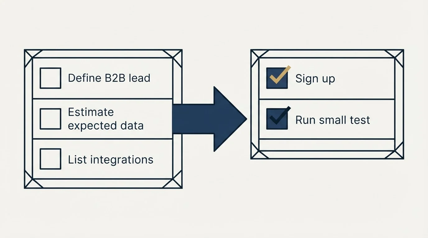 Before-and-after steps: Getting Started Checklist (Define B2B lead, Estimate expected data, List integrations, Sign up)