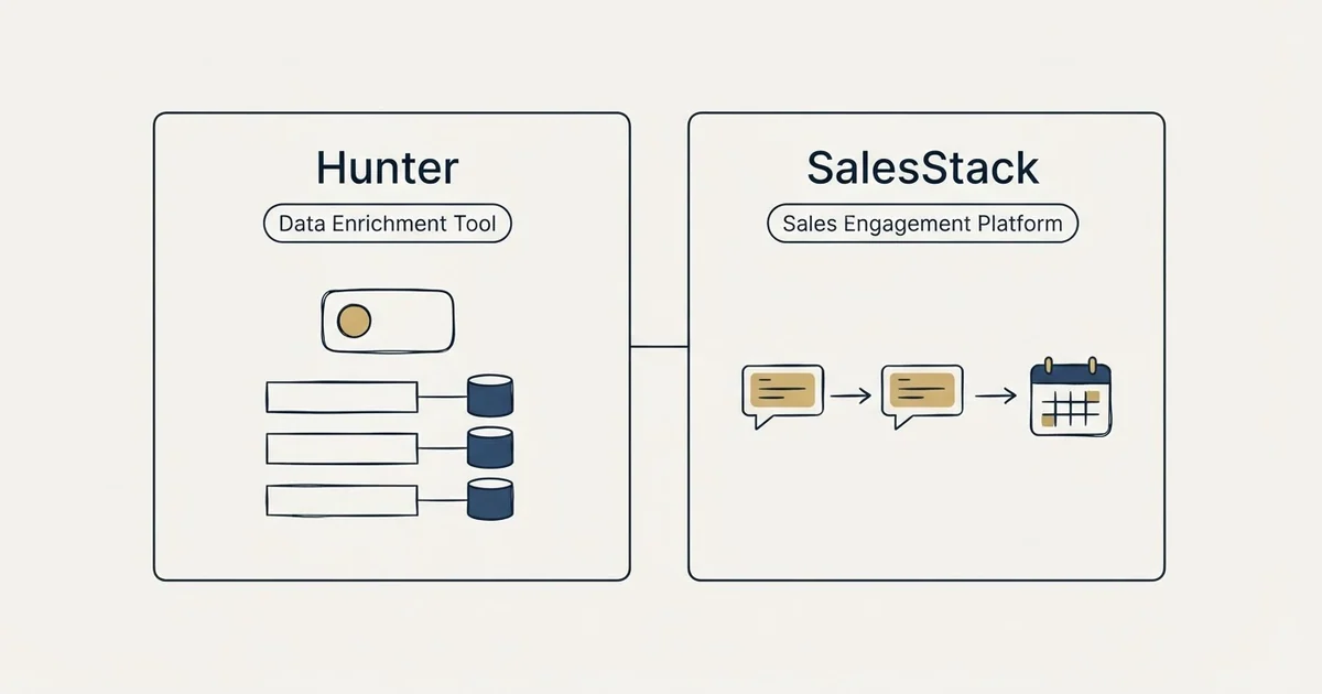 Side-by-side panels: Hunter vs SalesStack (Data Enrichment Tool, Sales Engagement Platform)