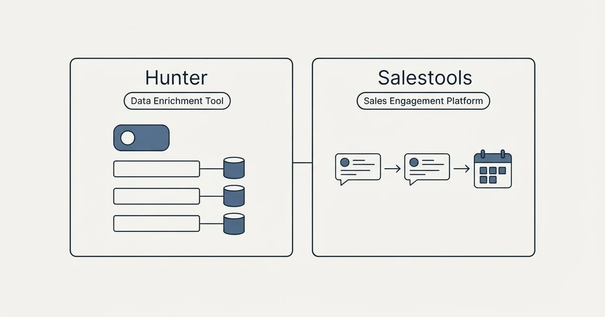 Side-by-side panels: Hunter vs Salestools (Data Enrichment Tool, Sales Engagement Platform)