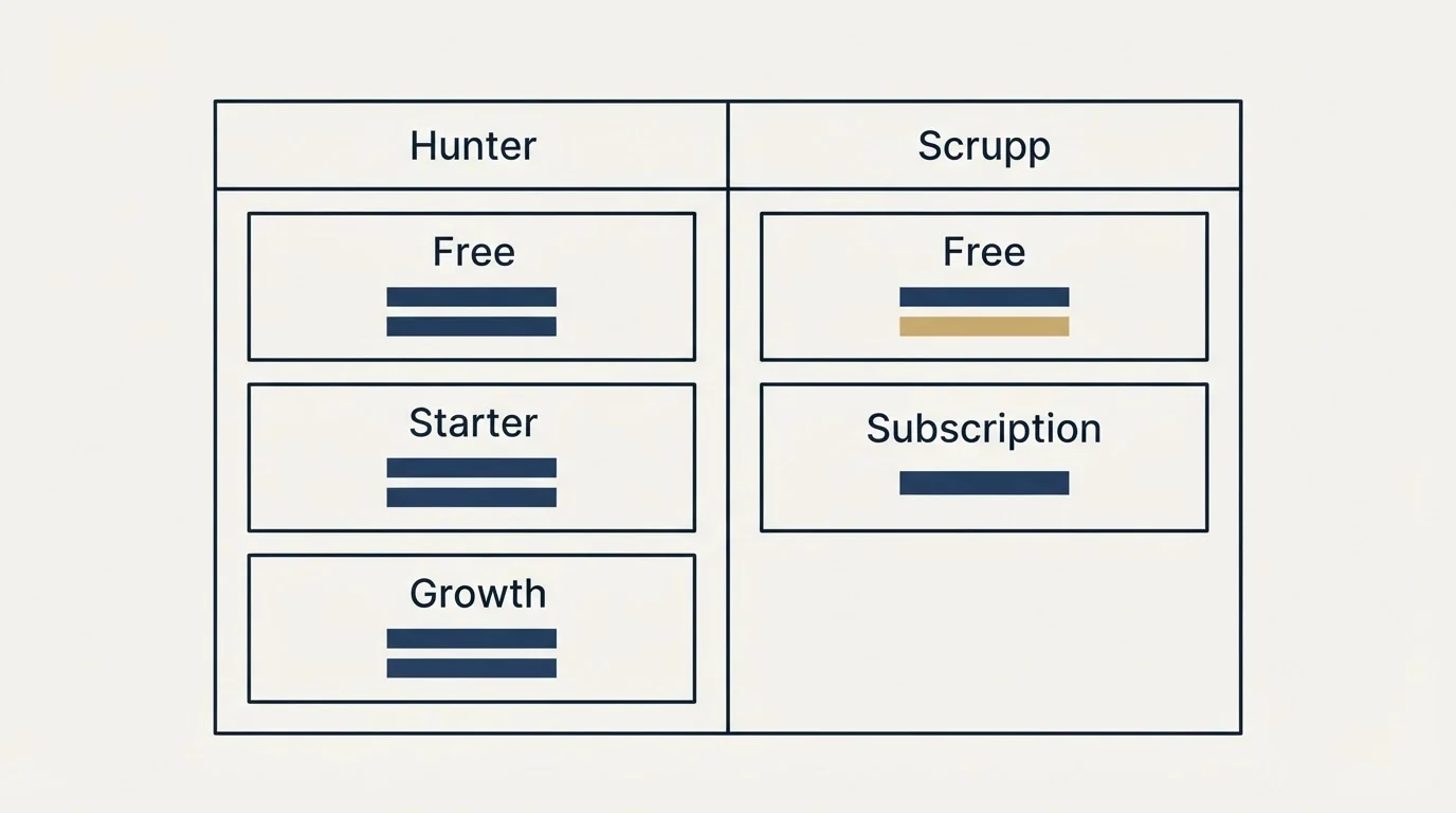 Pricing table: Pricing Comparison (Hunter, Scrupp, Free, Starter)