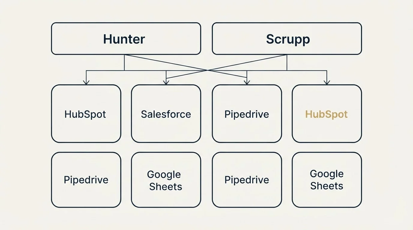 Integration grid: Integration Ecosystem (Hunter, Scrupp, HubSpot, Salesforce)