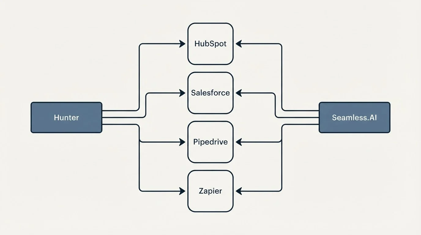 Integration schematic: Integration Ecosystem (Hunter, Seamless.AI, HubSpot, Salesforce)