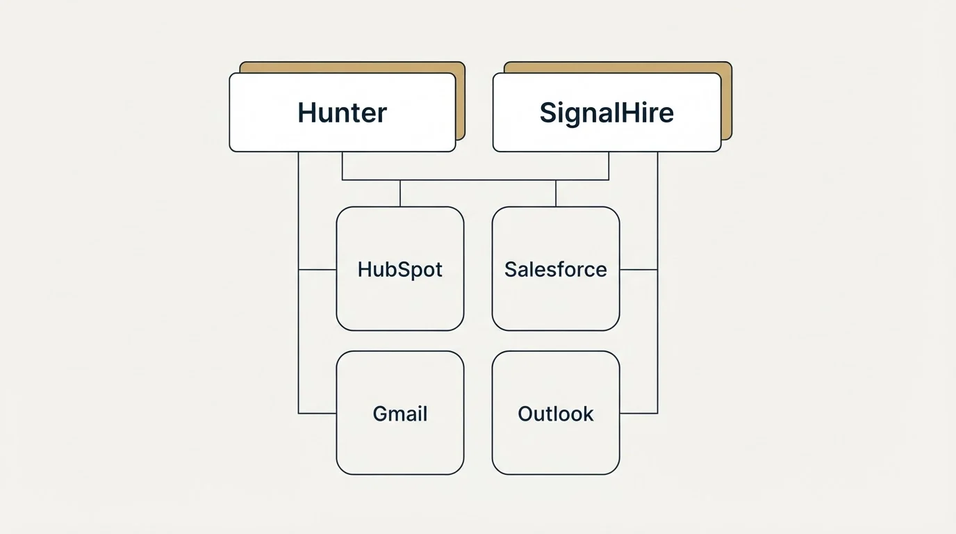 Integration grid: Integration Ecosystem (Hunter, SignalHire, HubSpot, Salesforce)