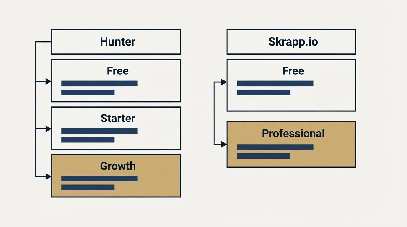 Pricing table: Pricing Comparison (Hunter, Skrapp.io, Free, Starter)