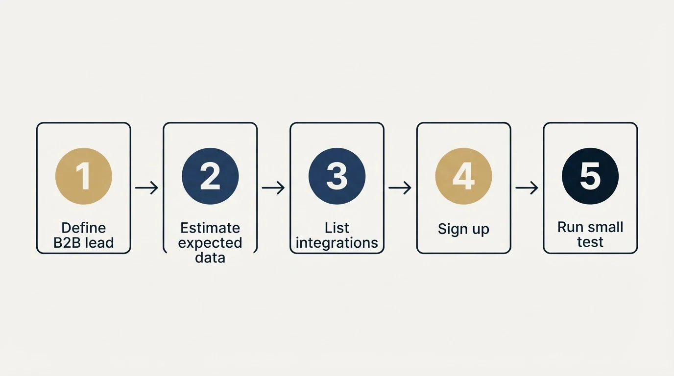 Step sequence: Getting Started Checklist (Define B2B lead, Estimate expected data, List integrations, Sign up)