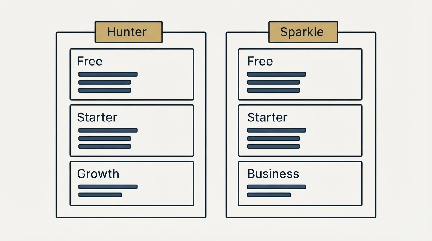 Pricing panels: Pricing Comparison (Hunter, Sparkle, Free, Starter)
