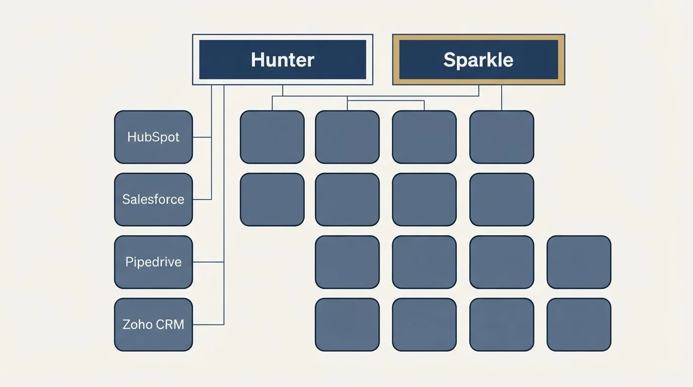 Integration grid: Integration Ecosystem (Hunter, Sparkle, HubSpot, Salesforce)
