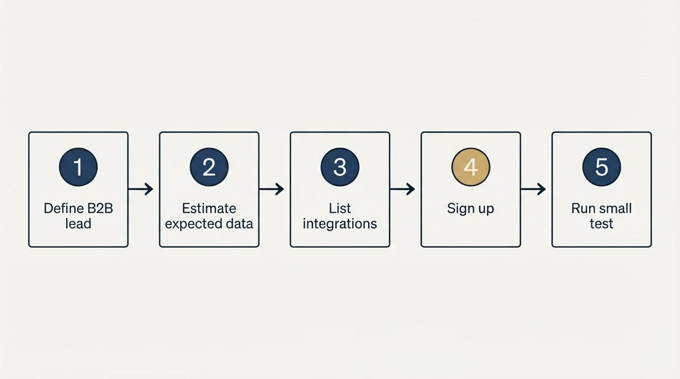 Step sequence: Getting Started Checklist (Define B2B lead, Estimate expected data, List integrations, Sign up)