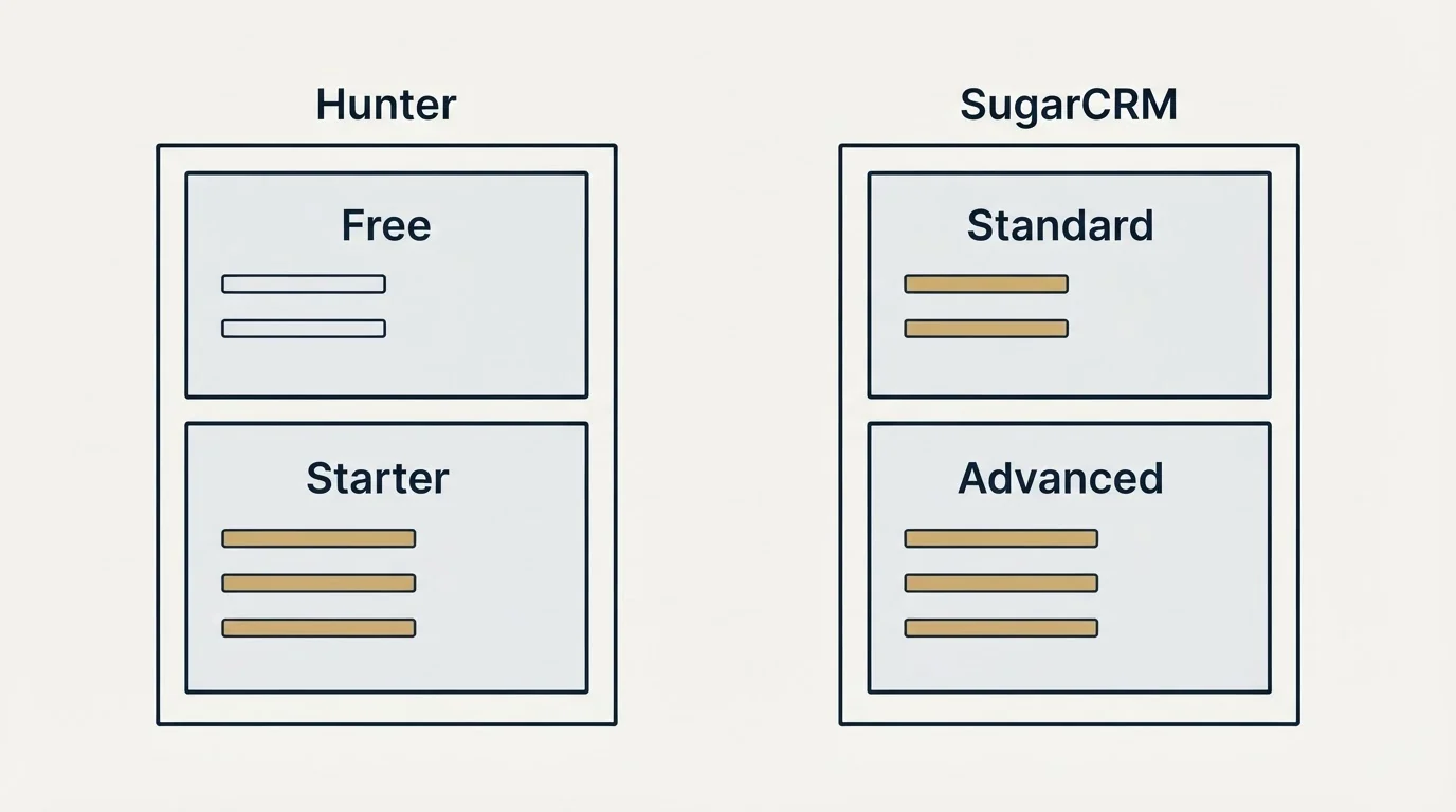 Pricing panels: Pricing Comparison (Hunter, SugarCRM, Free, Standard)