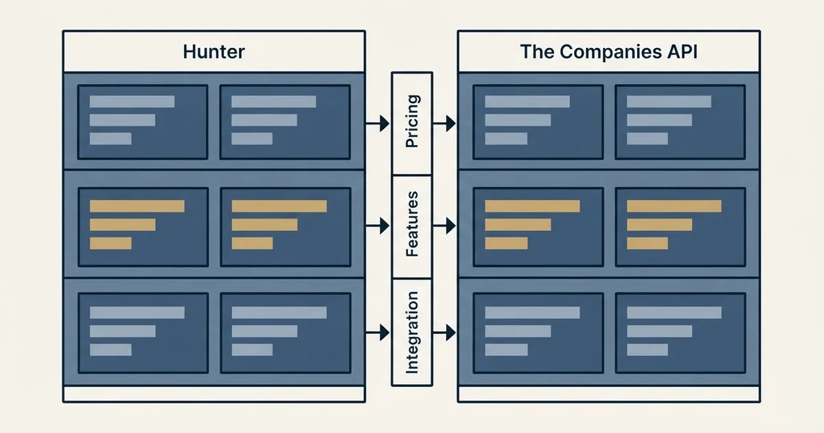 Comparison panel: Hunter vs The Companies API (Pricing, Features, Integration)