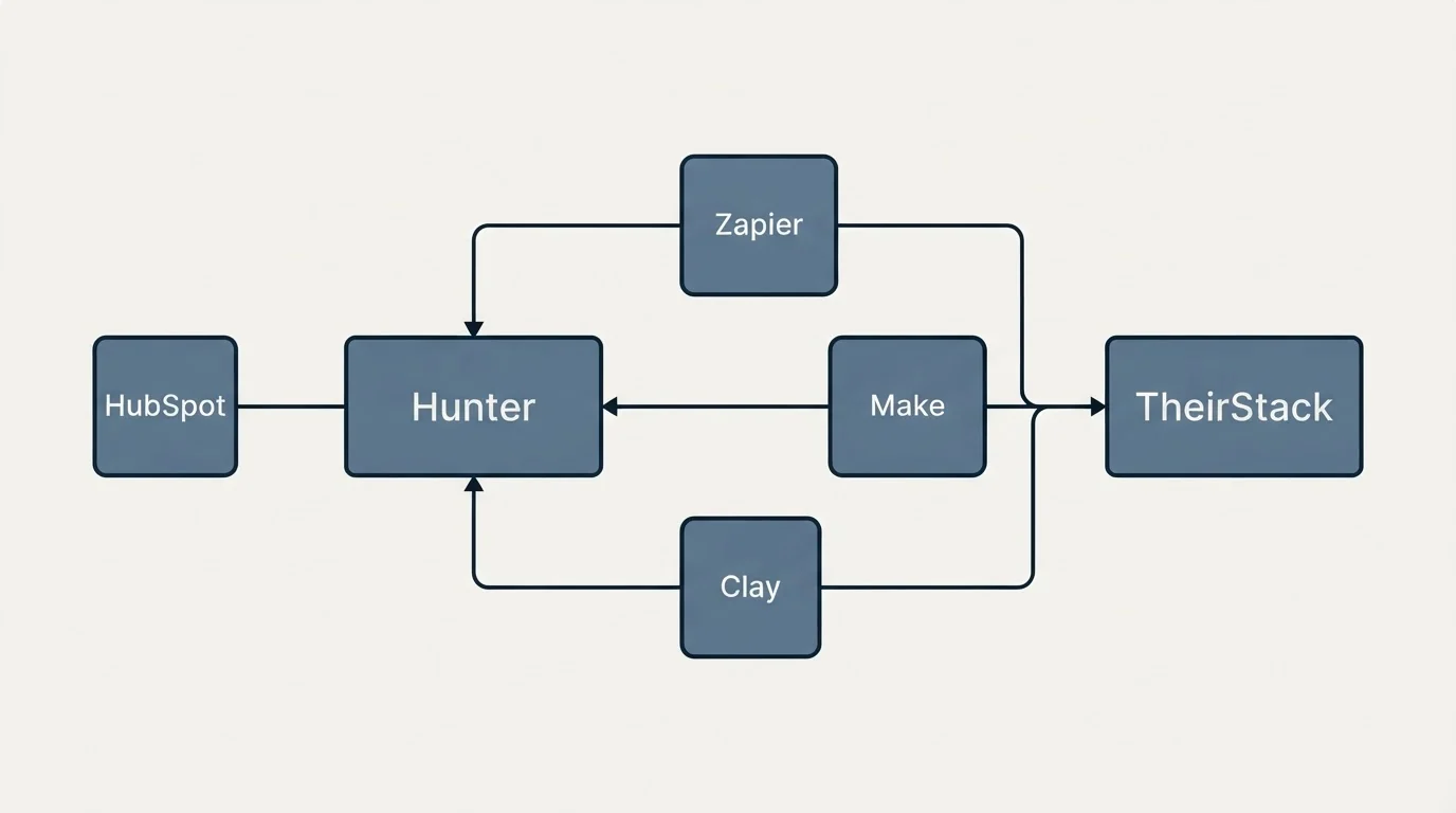 Integration schematic: Integration Ecosystem (Hunter, TheirStack, Zapier, Make)