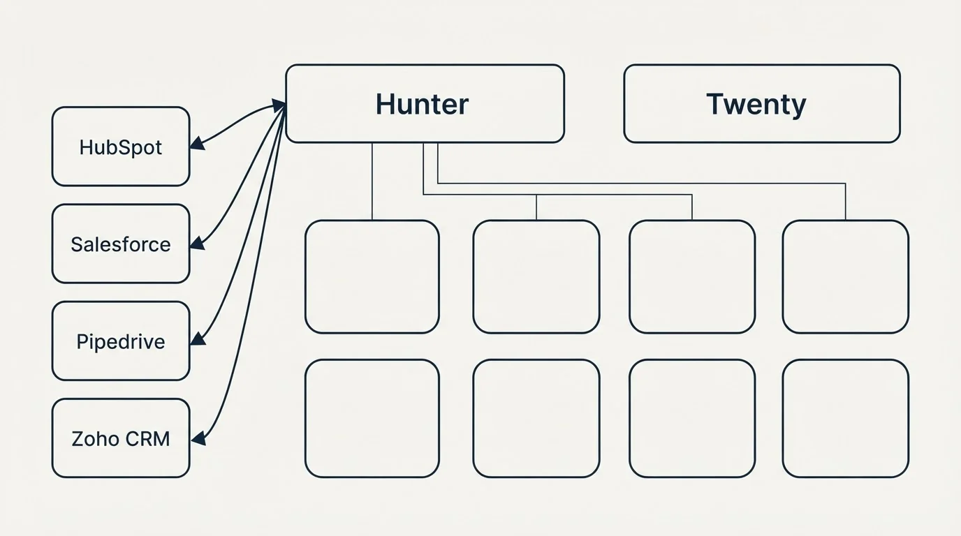 Integration grid: Integration Ecosystem (Hunter, Twenty, HubSpot, Salesforce)