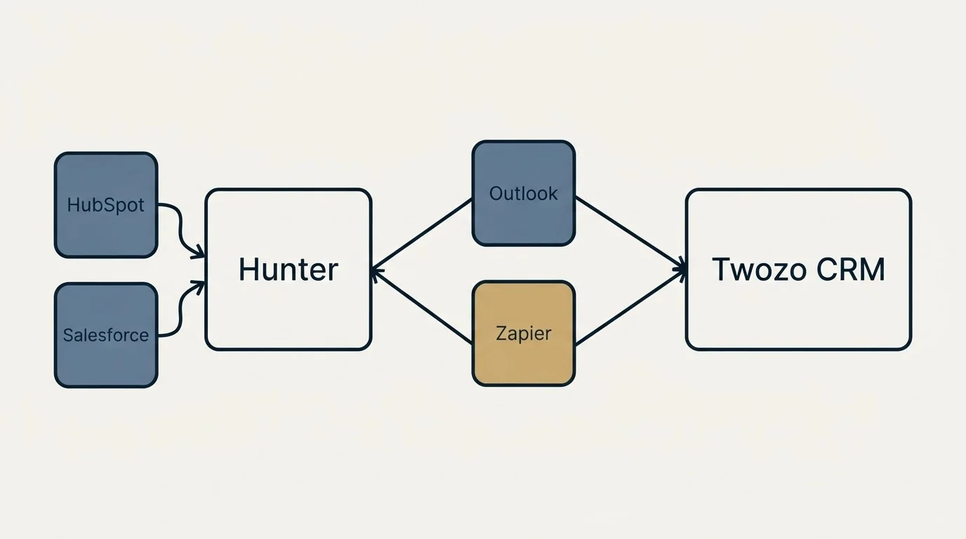 Integration schematic: Integration Ecosystem (Hunter, Twozo CRM, Outlook, Zapier)