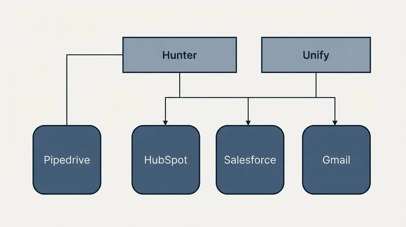 Integration grid: Integration Ecosystem (Hunter, Unify, HubSpot, Salesforce)