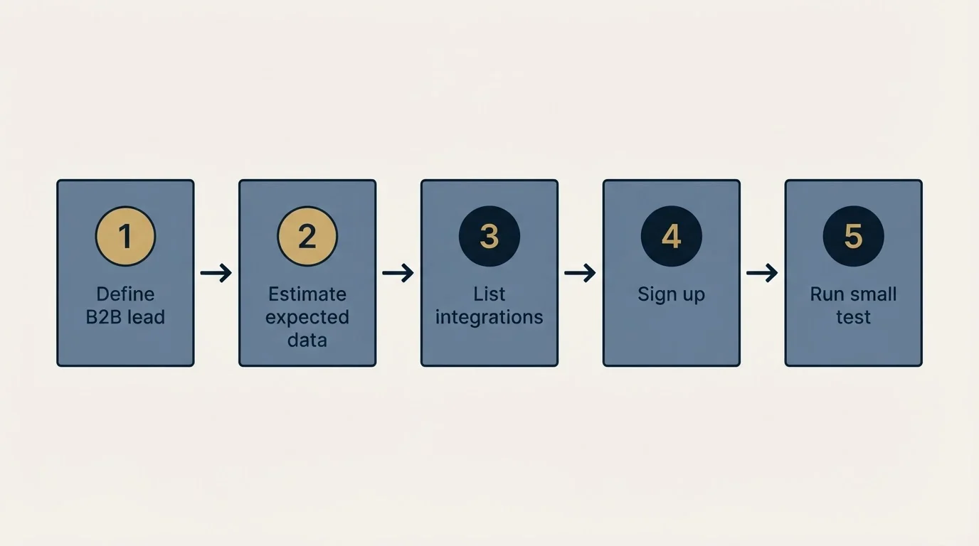 Step sequence: Getting Started Checklist (Define B2B lead, Estimate expected data, List integrations, Sign up)
