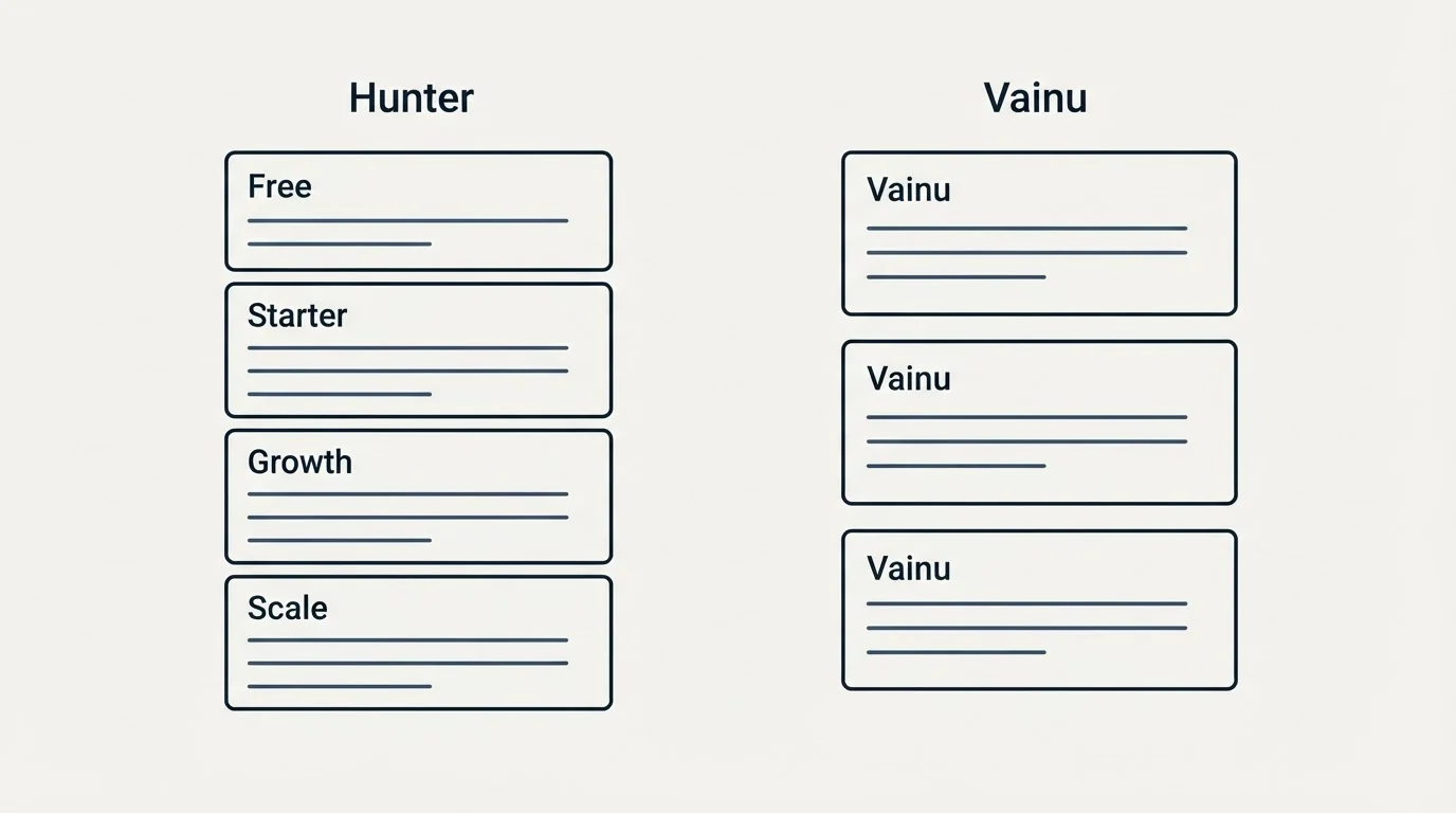 Pricing panels: Pricing Comparison (Hunter, Vainu, Free, Starter)