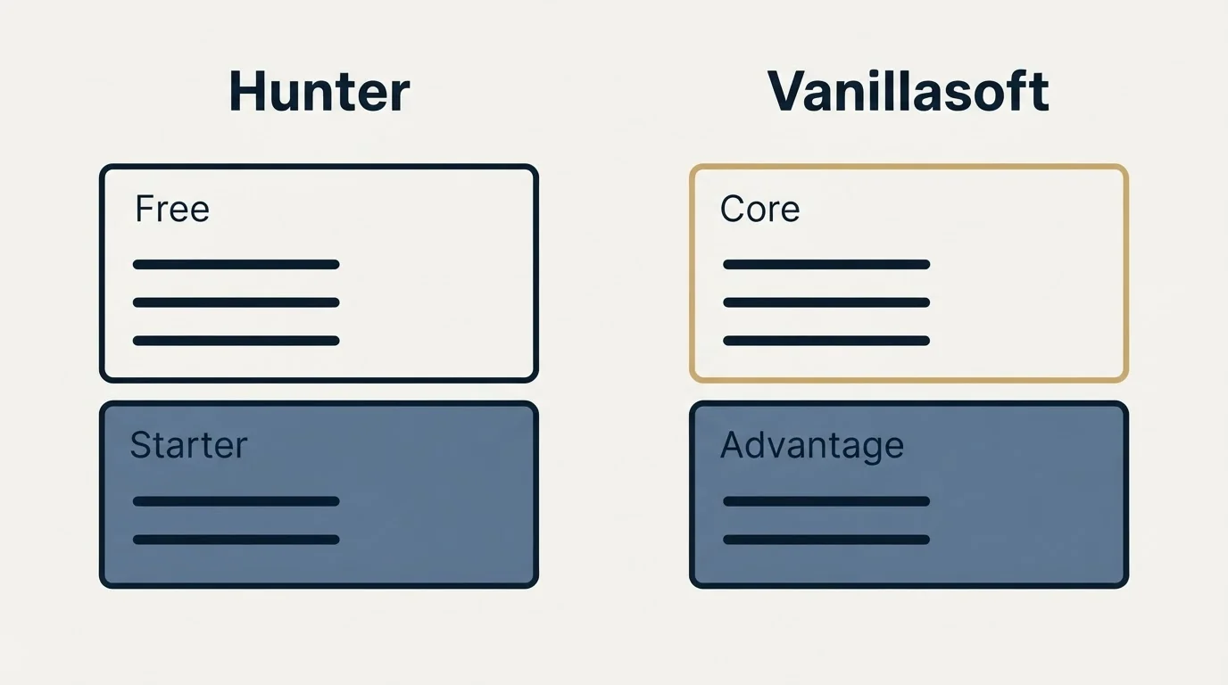 Pricing panels: Pricing Comparison (Hunter, Vanillasoft, Free, Core)
