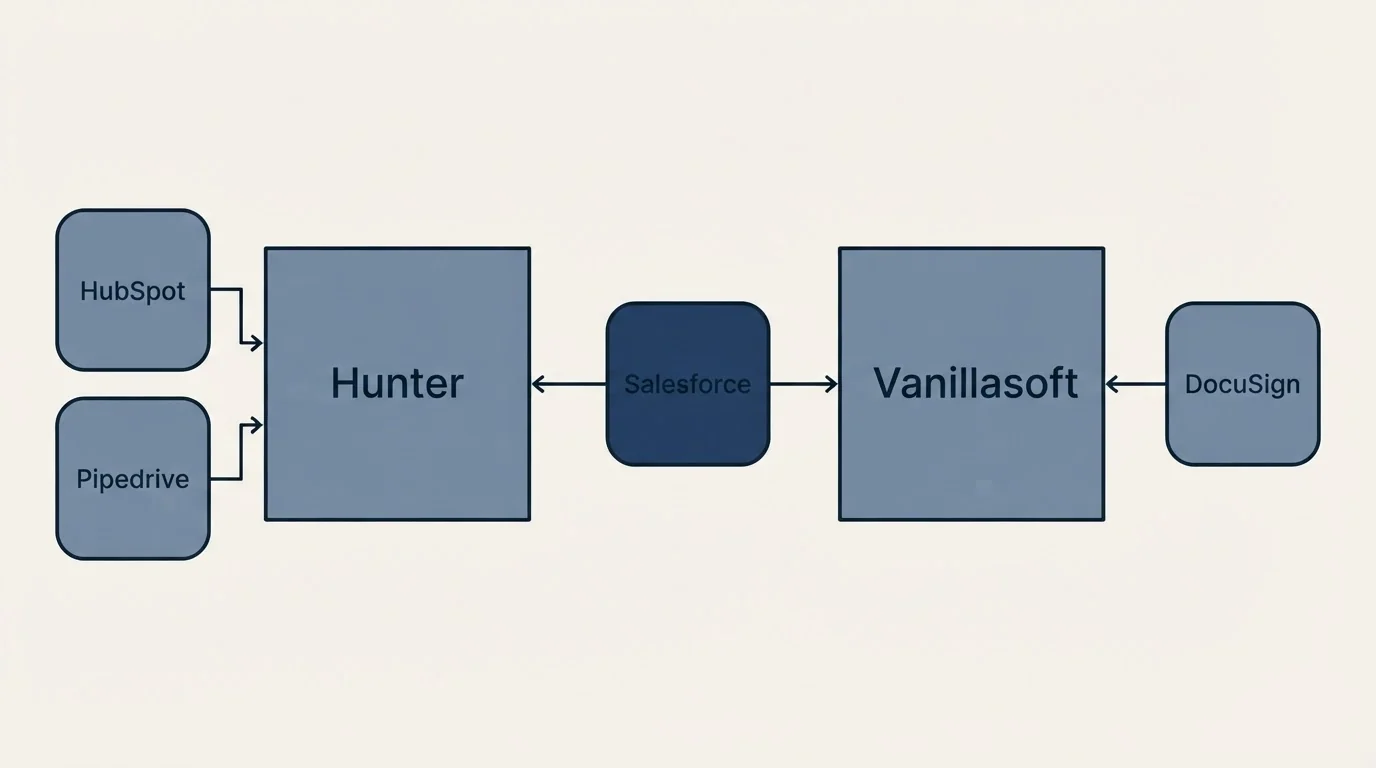 Integration schematic: Integration Ecosystem (Hunter, Vanillasoft, Salesforce, HubSpot)