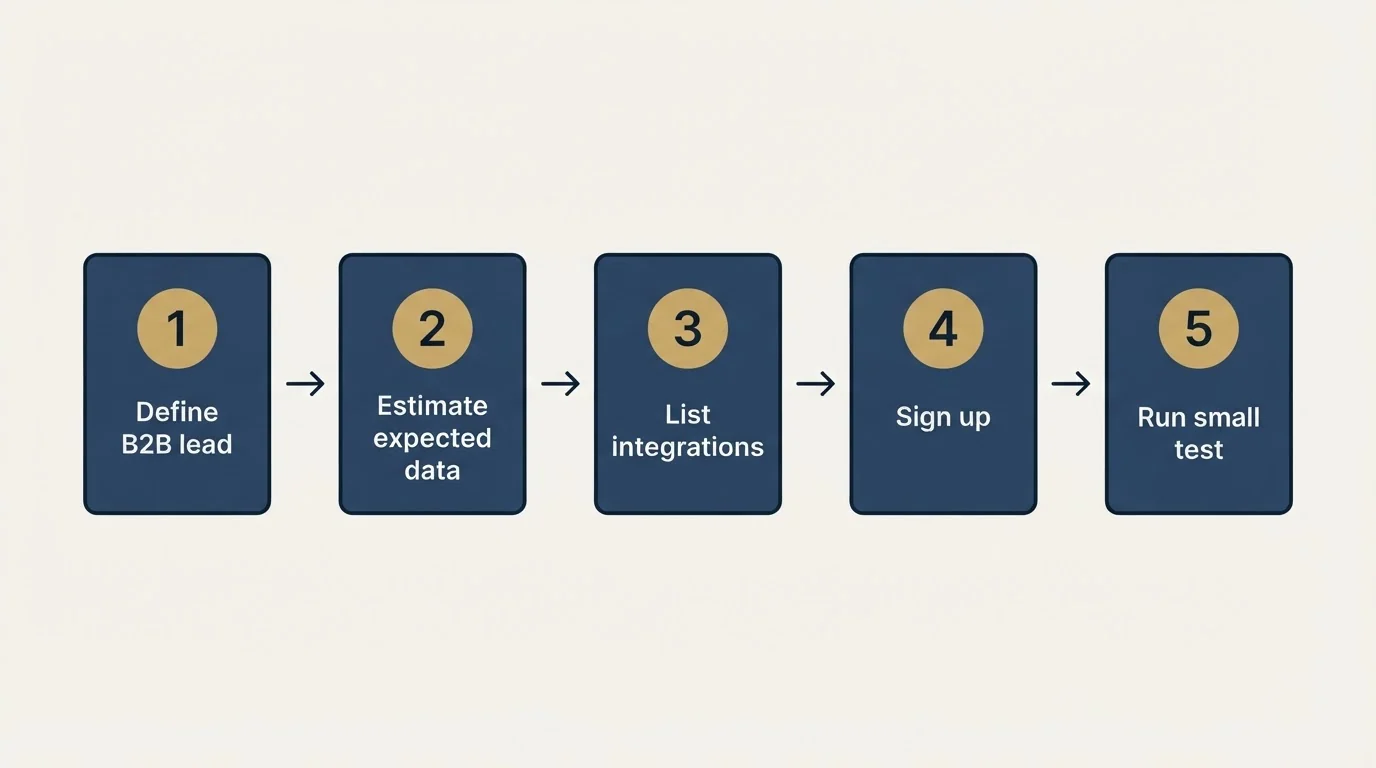 Step sequence: Getting Started Checklist (Define B2B lead, Estimate expected data, List integrations, Sign up)