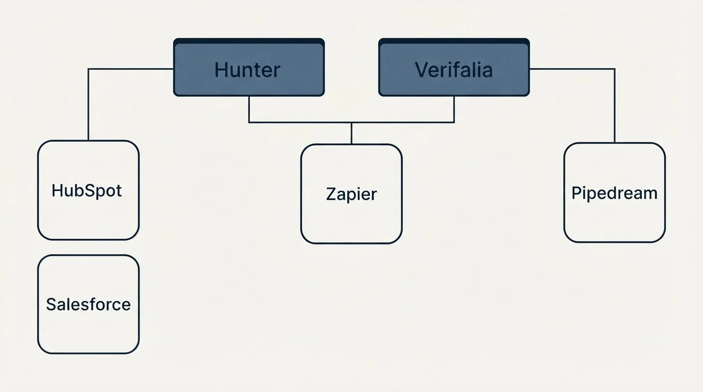 Integration grid: Integration Ecosystem (Hunter, Verifalia, Zapier, HubSpot)