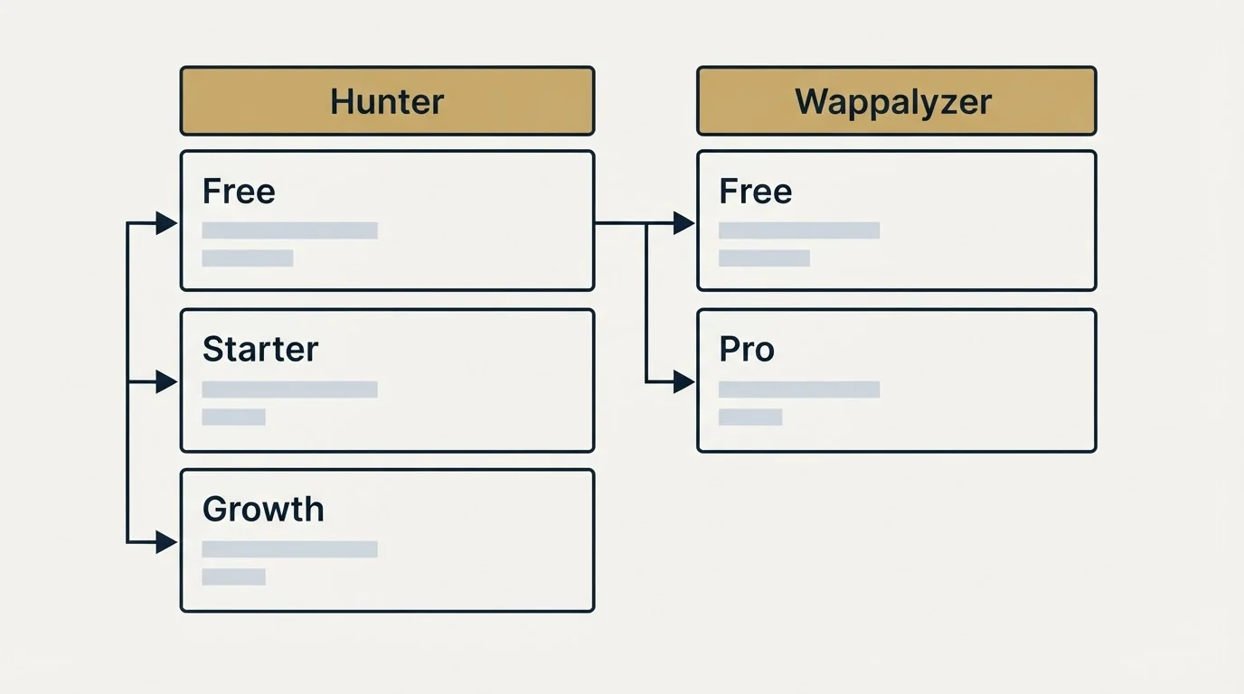 Pricing table: Pricing Comparison (Hunter, Wappalyzer, Free, Starter)