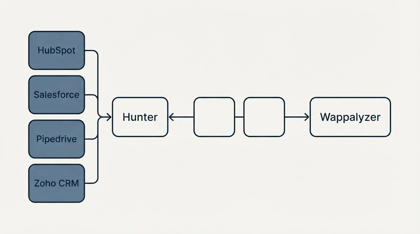 Integration schematic: Integration Ecosystem (Hunter, Wappalyzer, HubSpot, Salesforce)