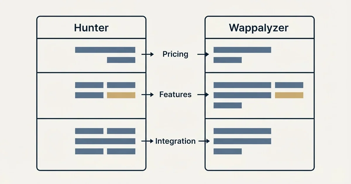 Comparison panel: Hunter vs Wappalyzer (Pricing, Features, Integration)