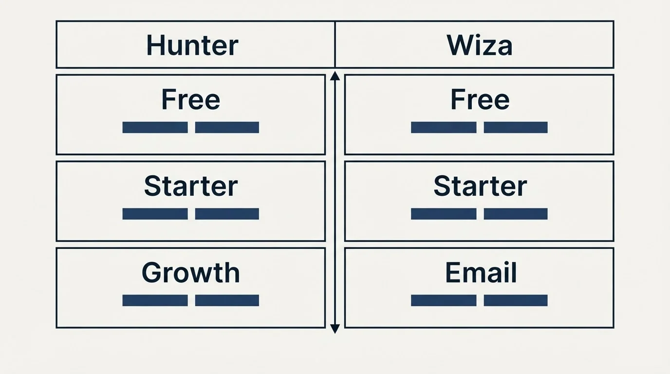 Pricing table: Pricing Comparison (Hunter, Wiza, Free, Starter)