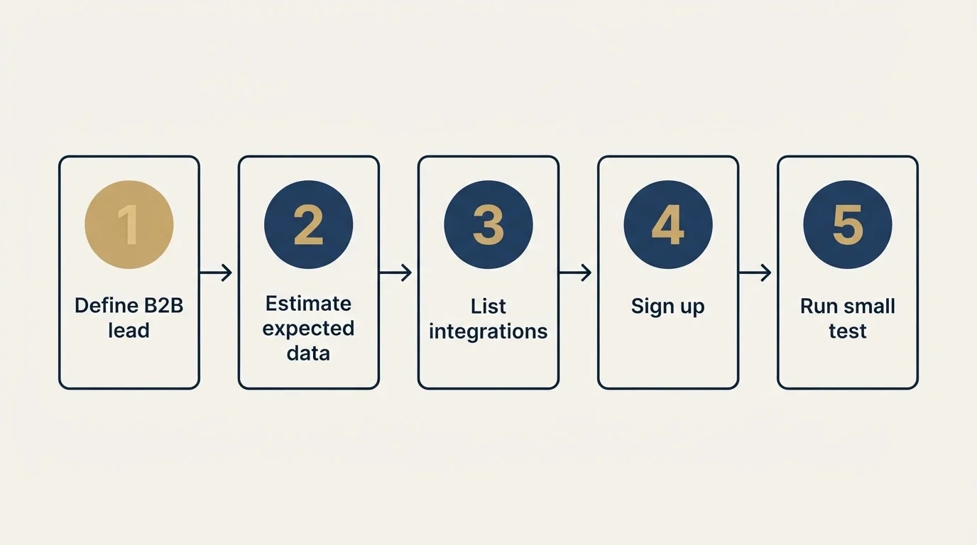 Step sequence: Getting Started Checklist (Define B2B lead, Estimate expected data, List integrations, Sign up)