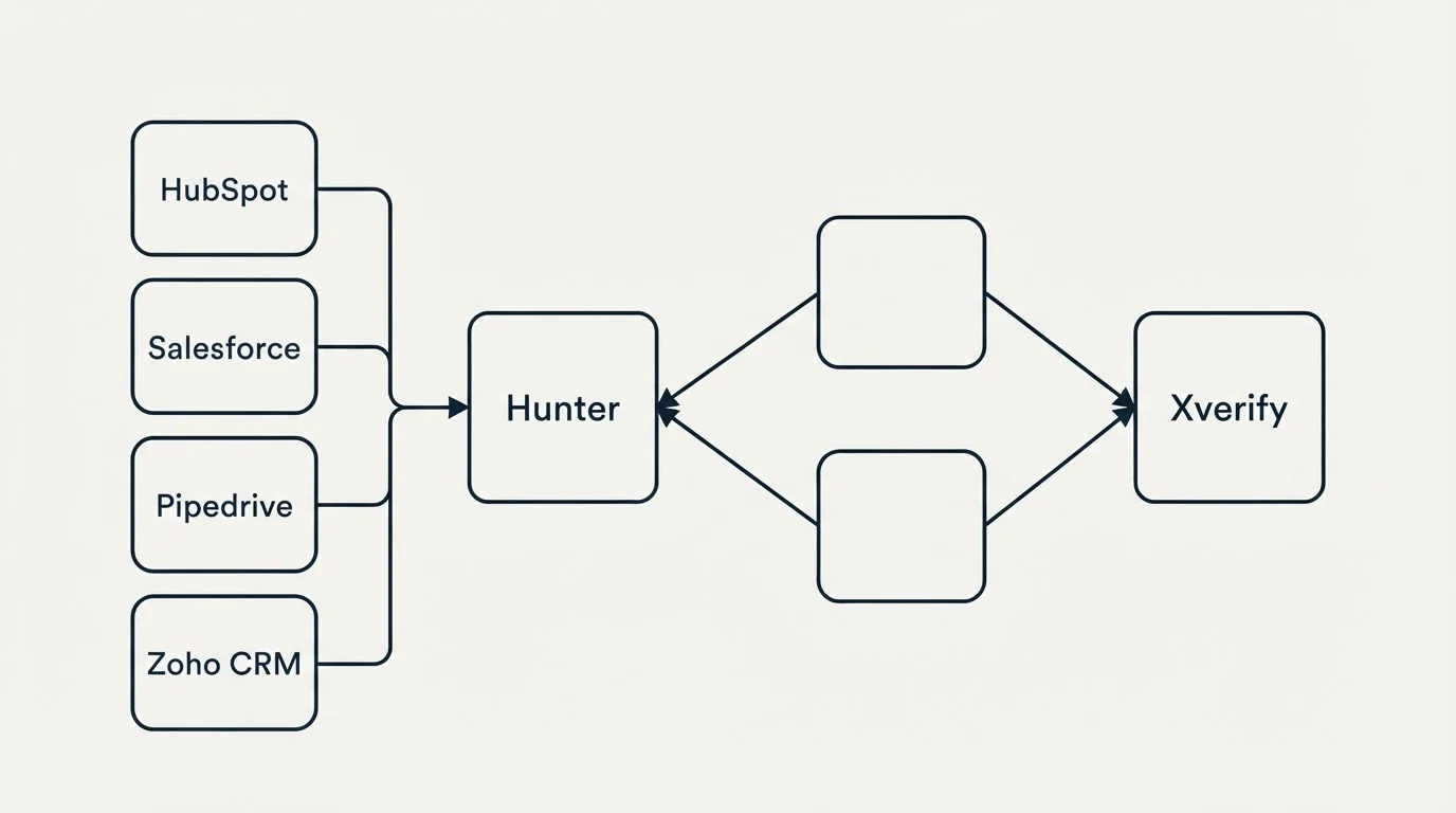 Integration schematic: Integration Ecosystem (Hunter, Xverify, HubSpot, Salesforce)